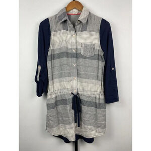 Anthropologie Postmark Blue White Long Roll Tab Sleeve Tie Front Shirt Dress XS